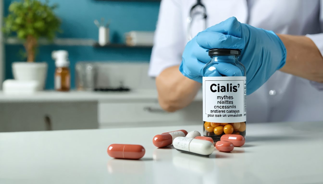 Boîte de Cialis posée sur une table avec un verre d’eau, illustrant un traitement des troubles de l’érection